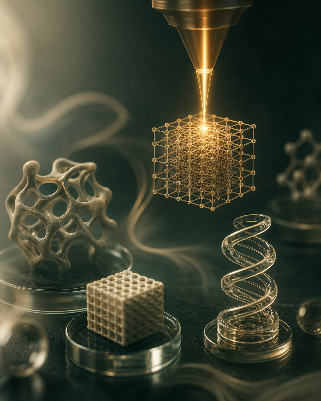 Original concept artwork of laser fabrication of glass, ceramic, and helical microstructures
